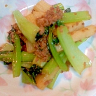 小松菜と長いものひき肉炒め